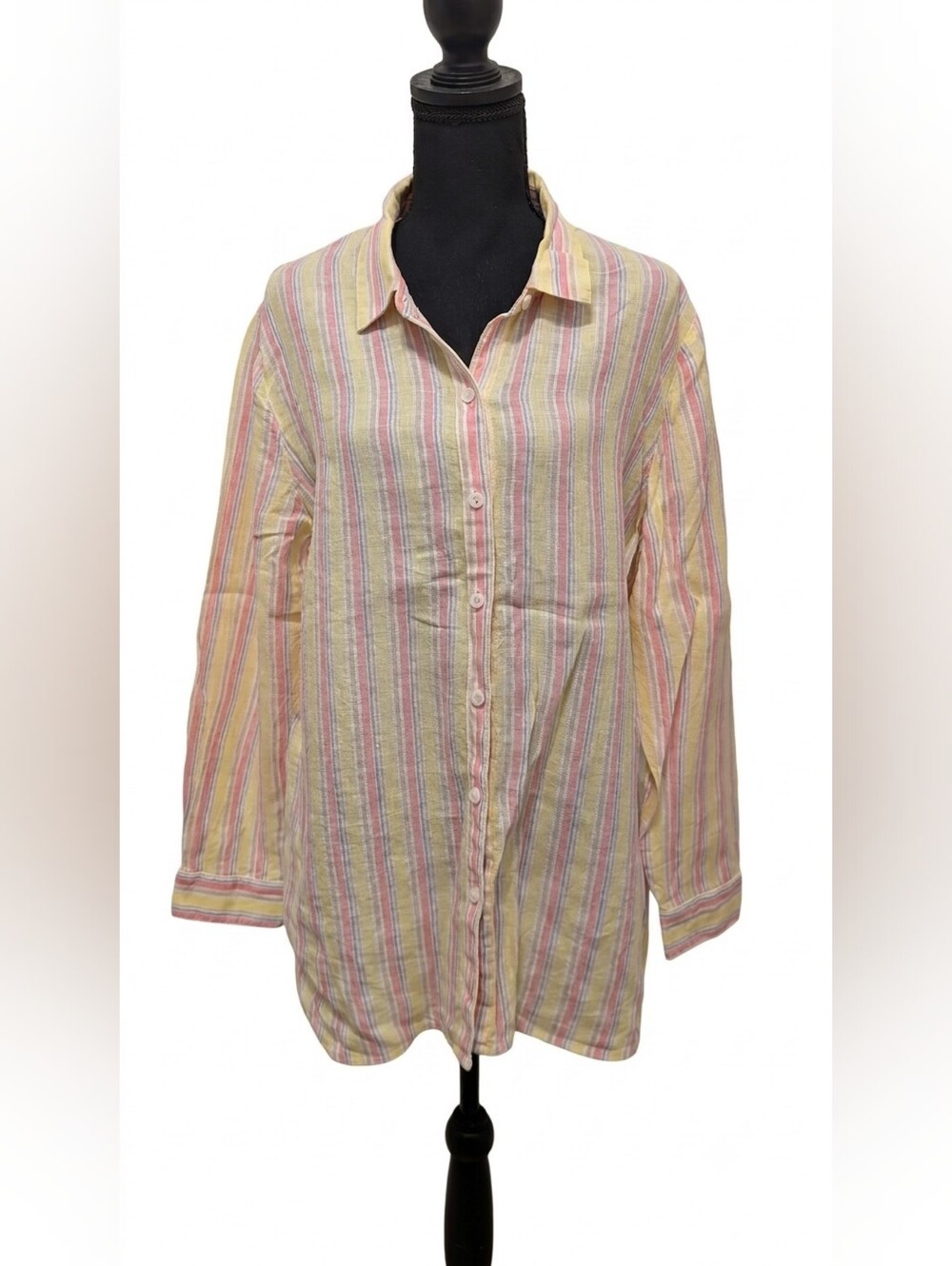 Coldwater Creek 100% Linen Pastel Candy Striped Button Down Shirt Size Large